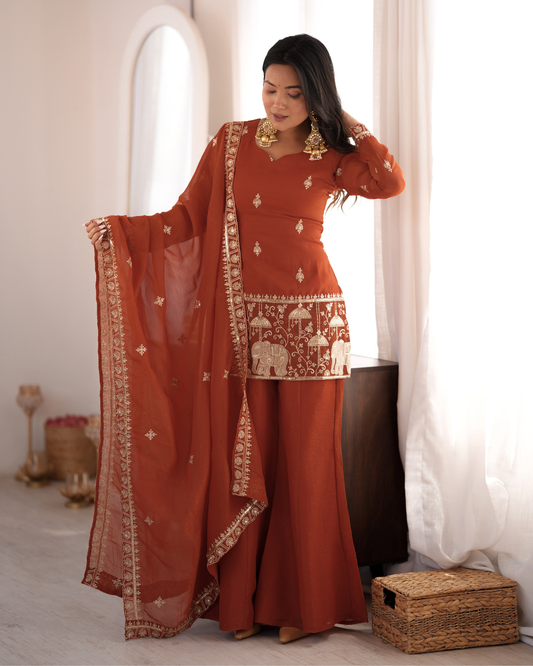 Rust Crunchy Silk Embroidered Bell Bottom Suit Set with Dupatta | Festive Party Wear Ethnic Outfit