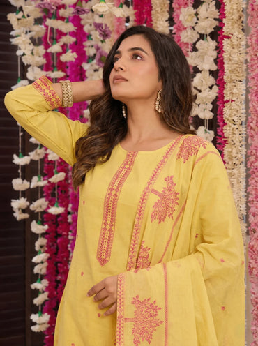 Yellow Block Printed Cotton Straight Kurta Set with Dupatta