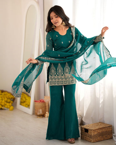 Women’s Crunchy Silk Embroidered Kurta Set with Dupatta & Bell Bottom Pant