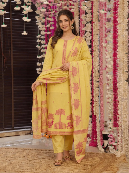 Yellow Block Printed Cotton Straight Kurta Set with Dupatta