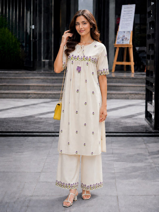 Women’s Cream Cotton Kurta Pant Set with Purple Floral Embroidery