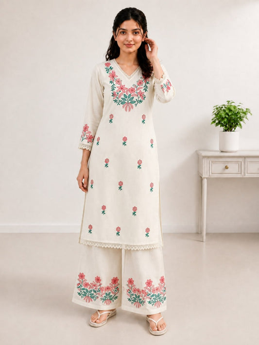 Women’s Pure Cotton Embroidered Kurta Palazzo Set