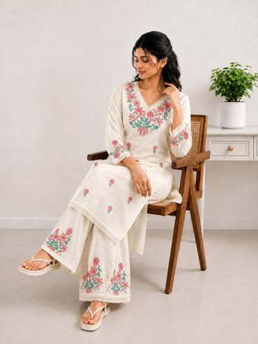 Women’s Pure Cotton Embroidered Kurta Palazzo Set