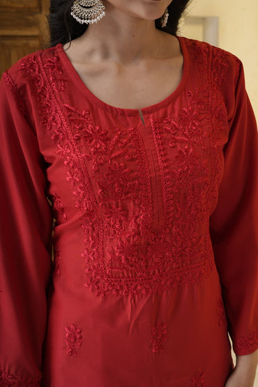 Women's Red Rayon Embroidered Kurta Pant Set | Floral Thread Work Straight Kurti with Full Sleeves