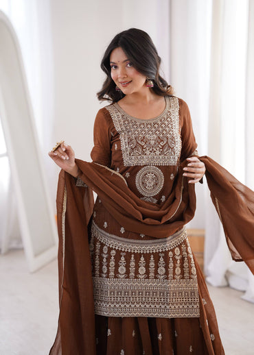 Heavy Embroidered Crunchy Silk Sharara Suit Set with Dupatta | Brown Festive Party Wear Ethnic Outfit