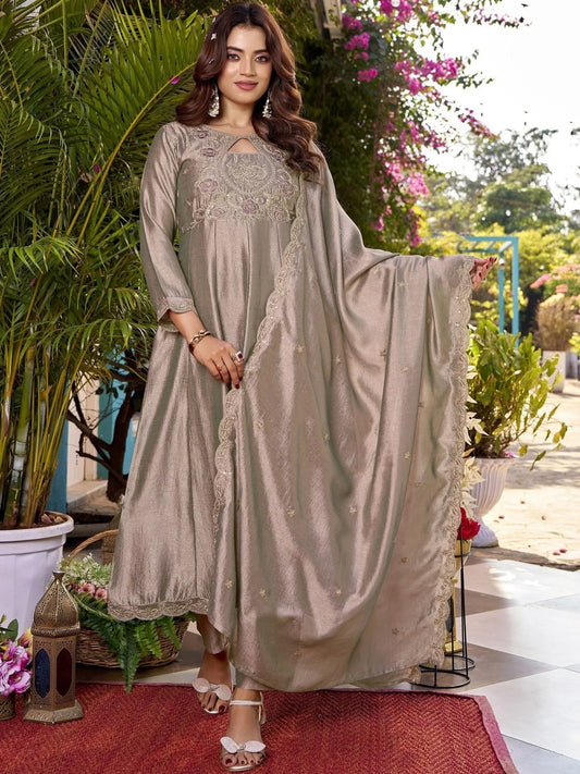 Metallic Taupe Embroidered Anarkali Kurta Set with Scalloped Dupatta