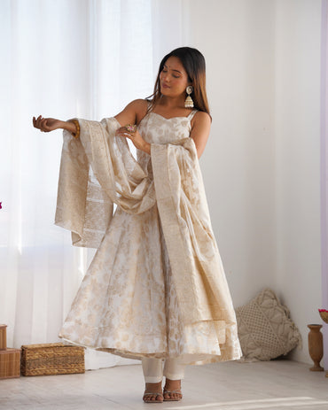 Women's Banarasi Jacquard Dola Silk Anarkali Gown Set with Pant & Dupatta