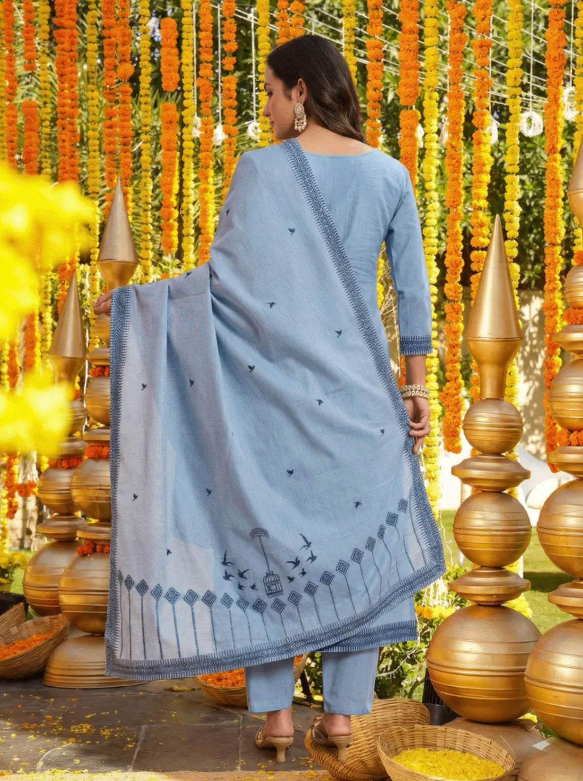 Blue Embroidered Cotton Straight Kurta Set with Dupatta