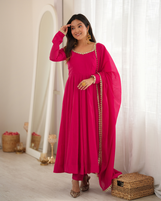 Women's Pure Mal Chanderi 16 Kali Anarkali Gown Set with Pant & Dupatta