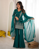 Women’s Crunchy Silk Embroidered Kurta Set with Dupatta & Bell Bottom Pant