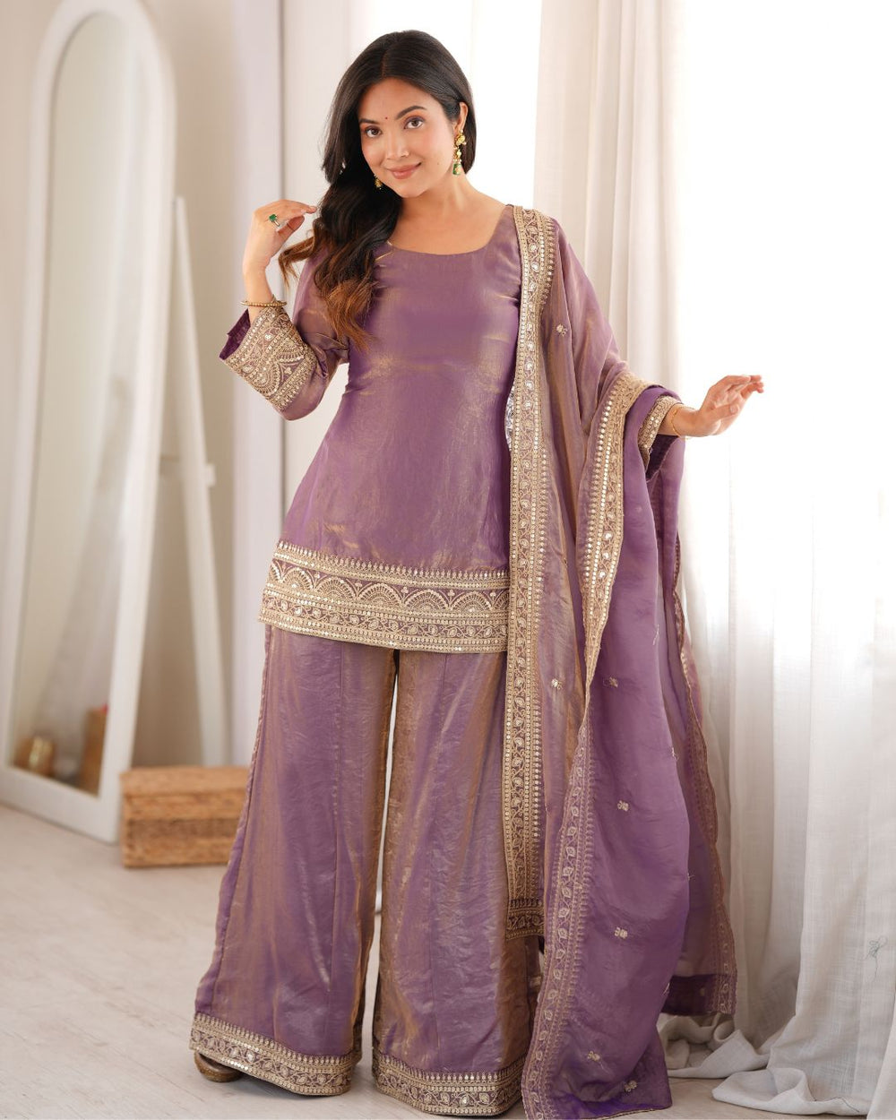 Women’s Trendy Frendy Silk Embroidered Palazzo Suit Set with Dupatta | Zari, Sequence & Dori Work Festive Ethnic Wear