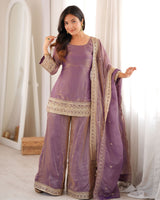 Women’s Trendy Frendy Silk Embroidered Palazzo Suit Set with Dupatta | Zari, Sequence & Dori Work Festive Ethnic Wear