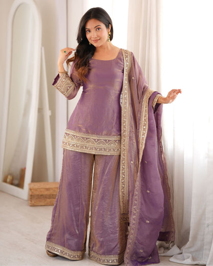 Women’s Trendy Frendy Silk Embroidered Palazzo Suit Set with Dupatta | Zari, Sequence & Dori Work Festive Ethnic Wear