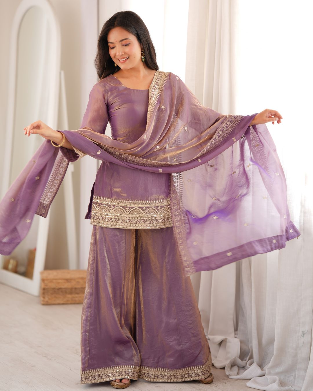 Women’s Trendy Frendy Silk Embroidered Palazzo Suit Set with Dupatta | Zari, Sequence & Dori Work Festive Ethnic Wear