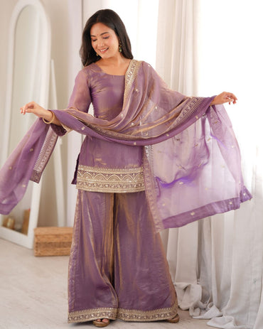Women’s Trendy Frendy Silk Embroidered Palazzo Suit Set with Dupatta | Zari, Sequence & Dori Work Festive Ethnic Wear