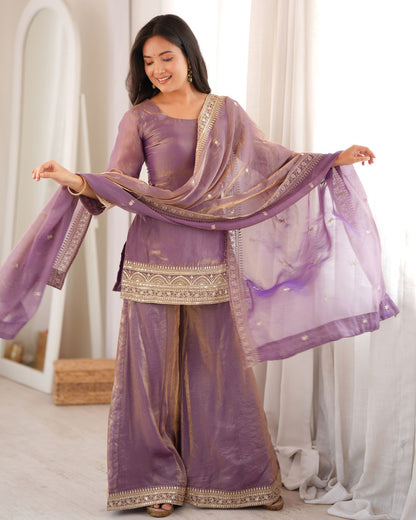 Women’s Trendy Frendy Silk Embroidered Palazzo Suit Set with Dupatta | Zari, Sequence & Dori Work Festive Ethnic Wear