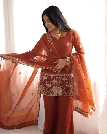 Rust Crunchy Silk Embroidered Bell Bottom Suit Set with Dupatta | Festive Party Wear Ethnic Outfit