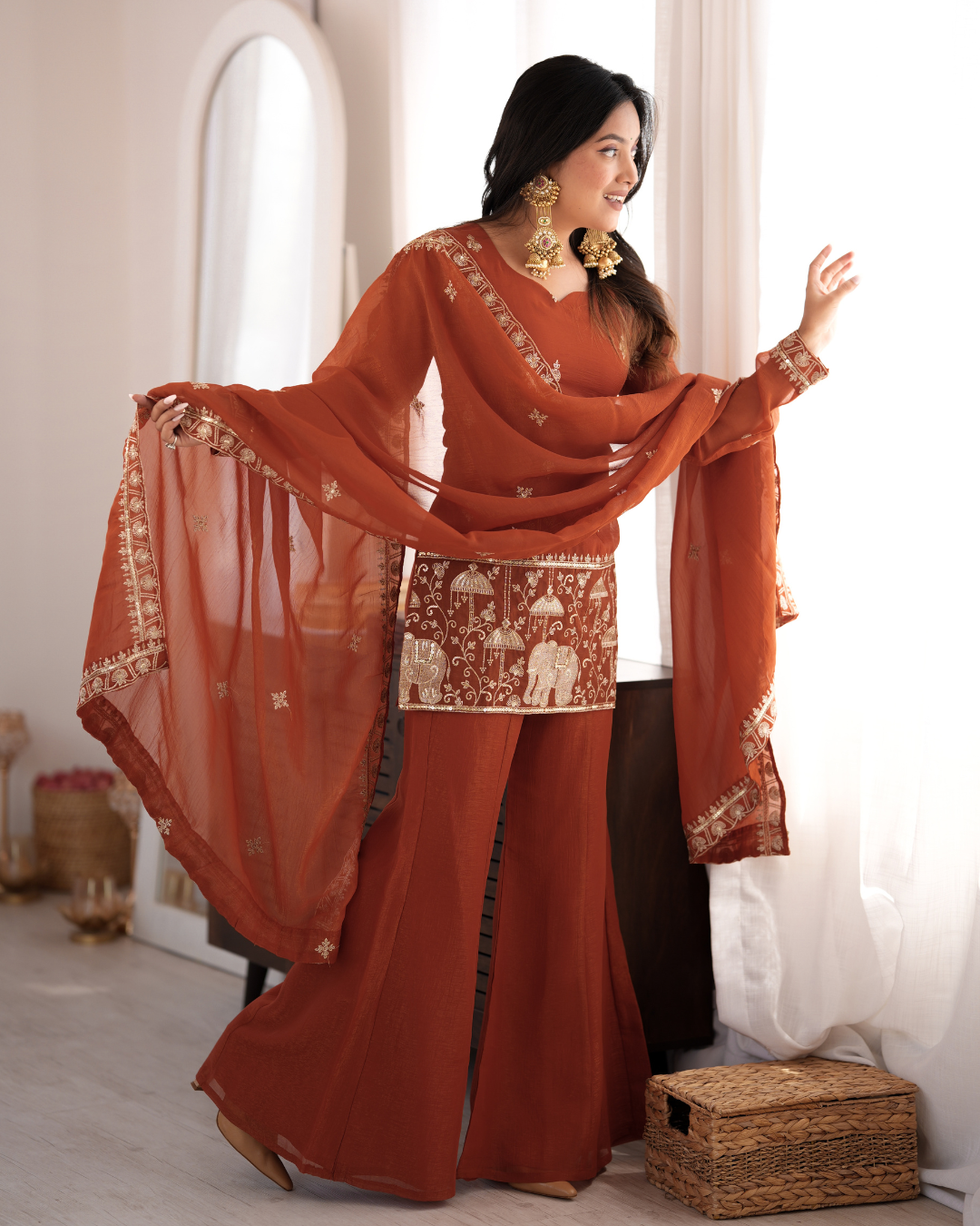 Rust Crunchy Silk Embroidered Bell Bottom Suit Set with Dupatta | Festive Party Wear Ethnic Outfit