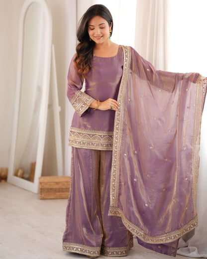 Women’s Trendy Frendy Silk Embroidered Palazzo Suit Set with Dupatta | Zari, Sequence & Dori Work Festive Ethnic Wear