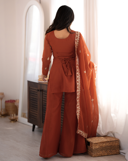 Rust Crunchy Silk Embroidered Bell Bottom Suit Set with Dupatta | Festive Party Wear Ethnic Outfit