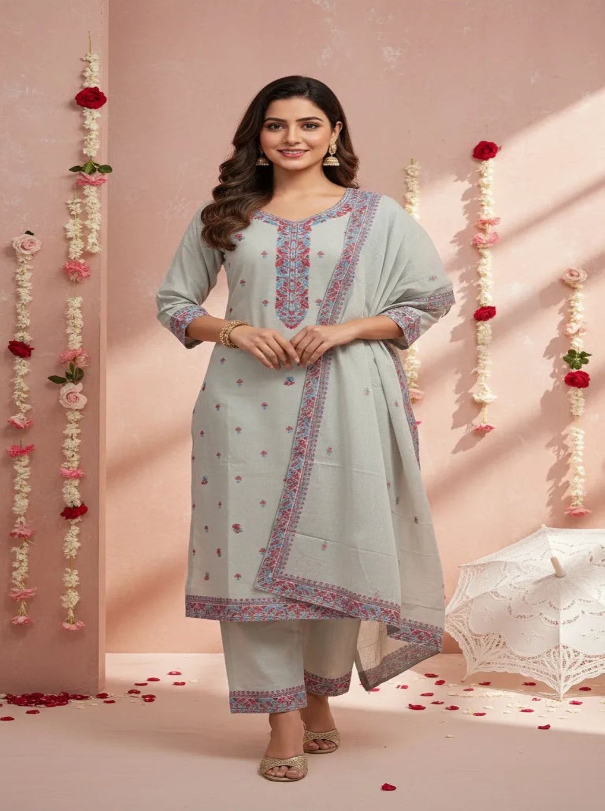 Kashmiri Embroidered Straight Kurta Set with Dupatta