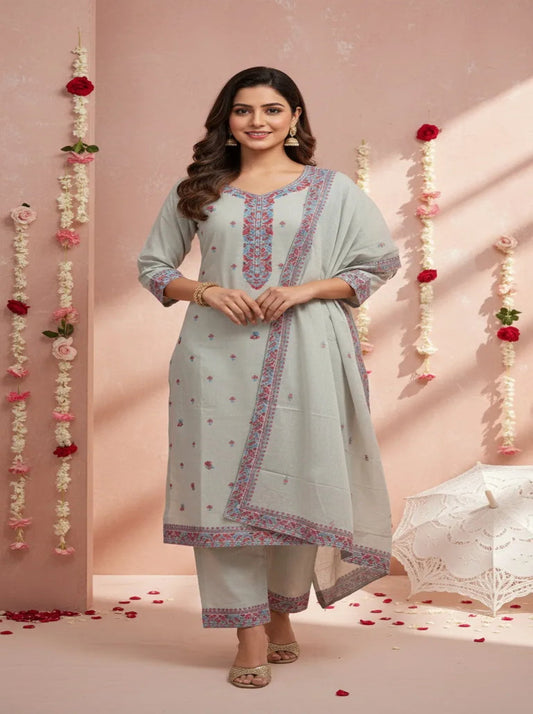 Kashmiri Embroidered Straight Kurta Set with Dupatta