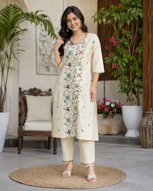 Women’s Cream Cotton Embroidered Kurta Pant Set | Floral Thread Work Straight Kurti with Pants