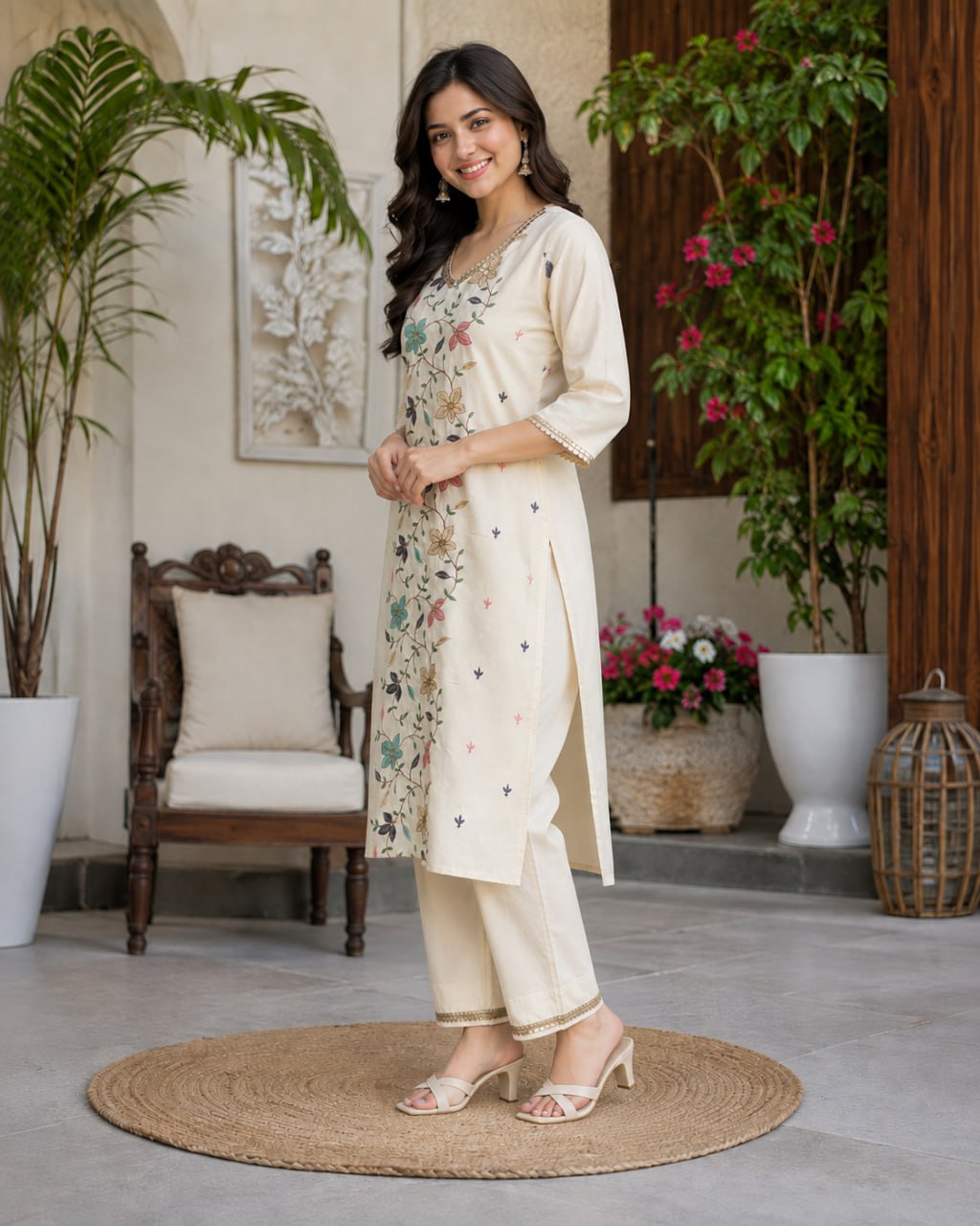 Women’s Cream Cotton Embroidered Kurta Pant Set | Floral Thread Work Straight Kurti with Pants