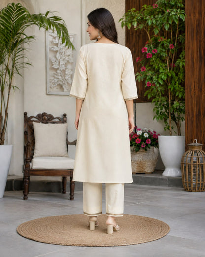 Women’s Cream Cotton Embroidered Kurta Pant Set | Floral Thread Work Straight Kurti with Pants