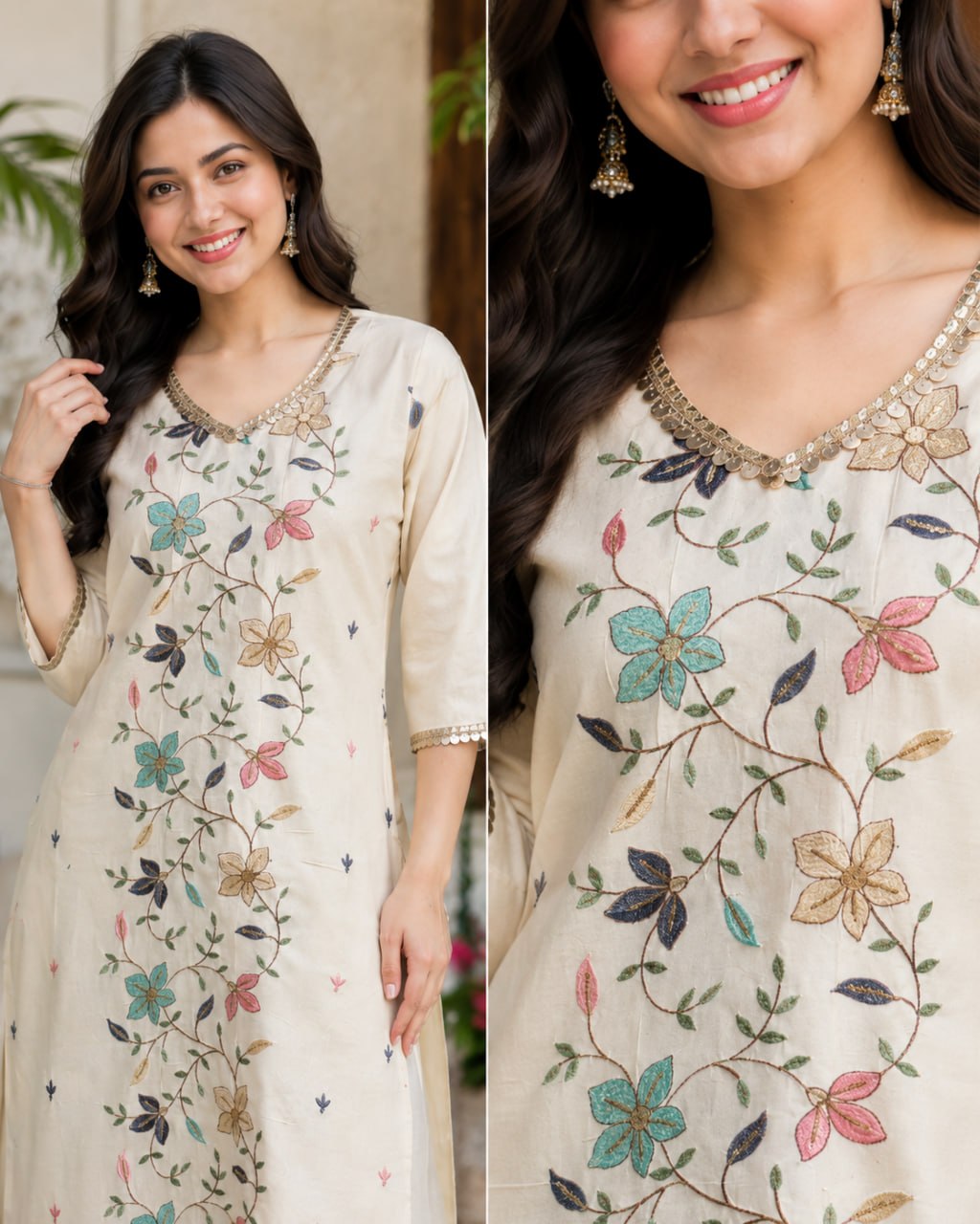 Women’s Cream Cotton Embroidered Kurta Pant Set | Floral Thread Work Straight Kurti with Pants