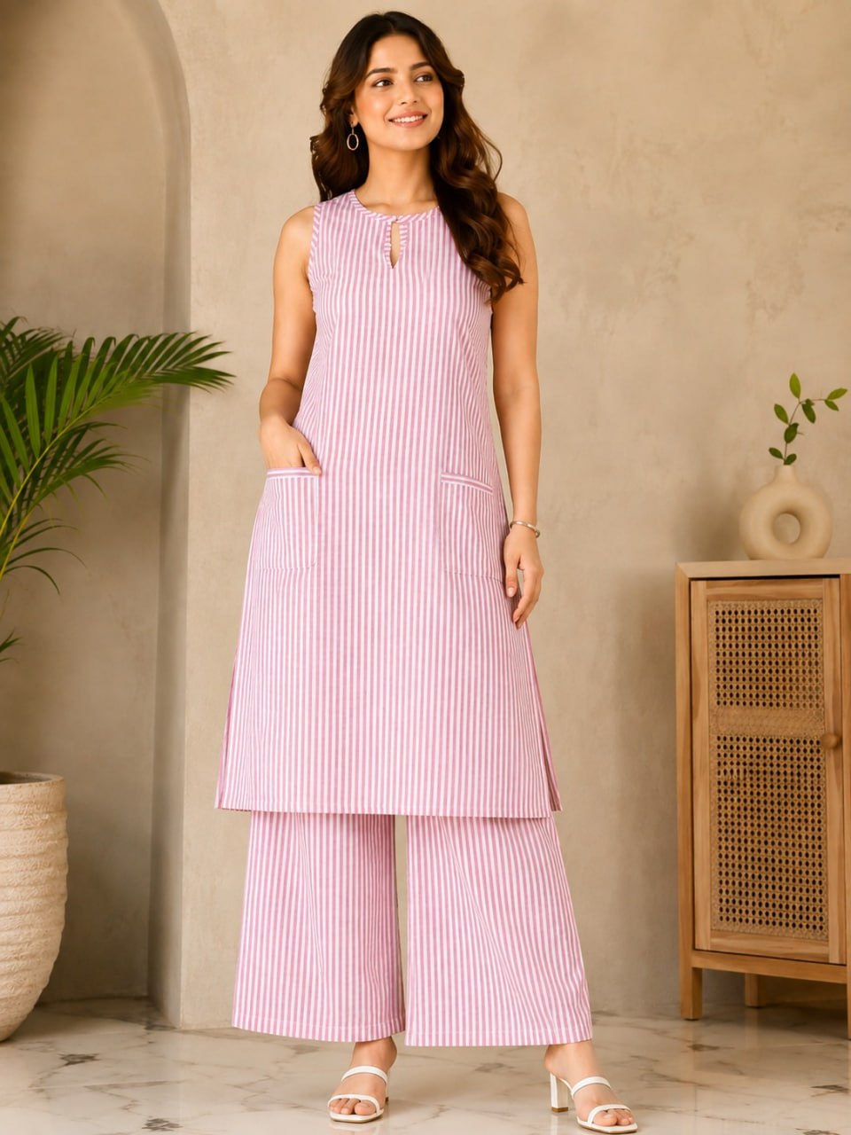 Women’s Cotton Striped Kurta Palazzo Set | Sleeveless Keyhole Neck Top with Pockets