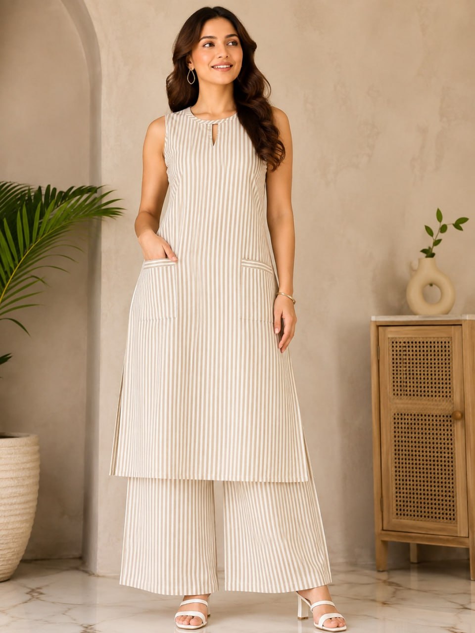 Women’s Cotton Striped Kurta Palazzo Set | Sleeveless Keyhole Neck Top with Pockets