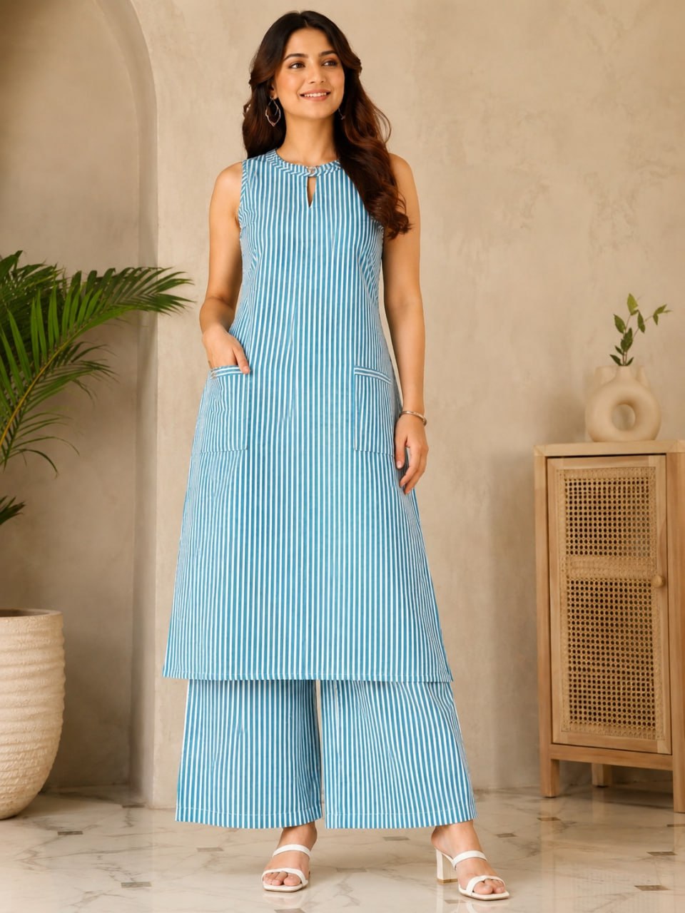 Women’s Cotton Striped Kurta Palazzo Set | Sleeveless Keyhole Neck Top with Pockets