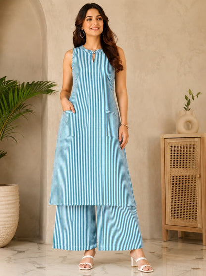 Women’s Cotton Striped Kurta Palazzo Set | Sleeveless Keyhole Neck Top with Pockets