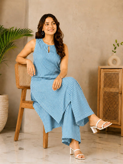 Women’s Cotton Striped Kurta Palazzo Set | Sleeveless Keyhole Neck Top with Pockets