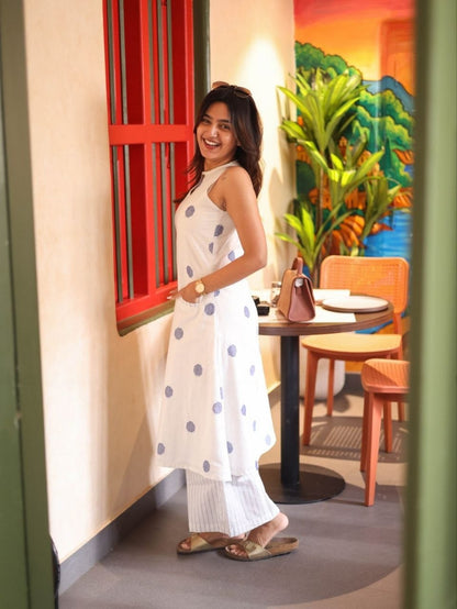 Women’s Cotton Polka Dot Printed Kurta Palazzo Set | Sleeveless Keyhole Neck Top with Pockets