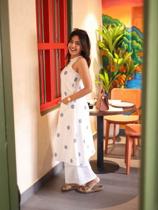 Women’s Cotton Polka Dot Printed Kurta Palazzo Set | Sleeveless Keyhole Neck Top with Pockets