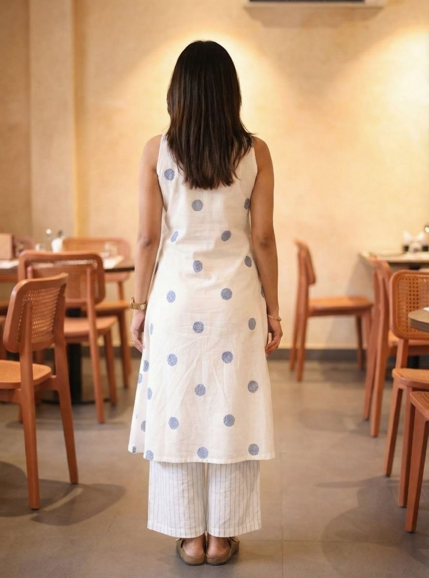 Women’s Cotton Polka Dot Printed Kurta Palazzo Set | Sleeveless Keyhole Neck Top with Pockets