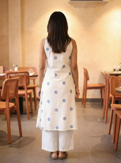 Women’s Cotton Polka Dot Printed Kurta Palazzo Set | Sleeveless Keyhole Neck Top with Pockets