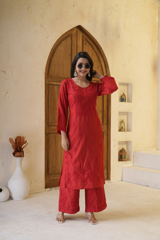 Women's Red Rayon Embroidered Kurta Pant Set | Floral Thread Work Straight Kurti with Full Sleeves