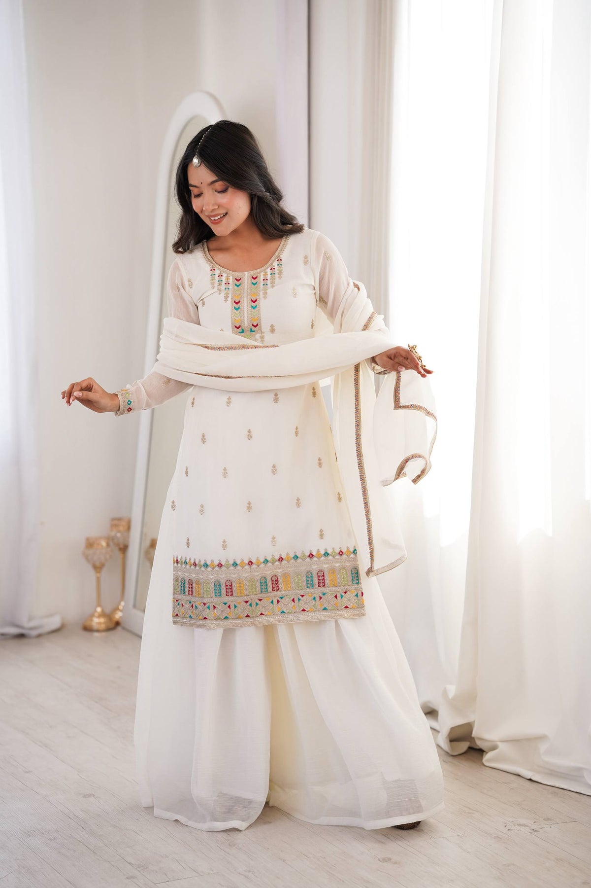 Women’s Pure Soft Crunchy Silk Embroidered Top Sharara Set with Dupatta | Festive & Wedding Wear Ethnic Suit