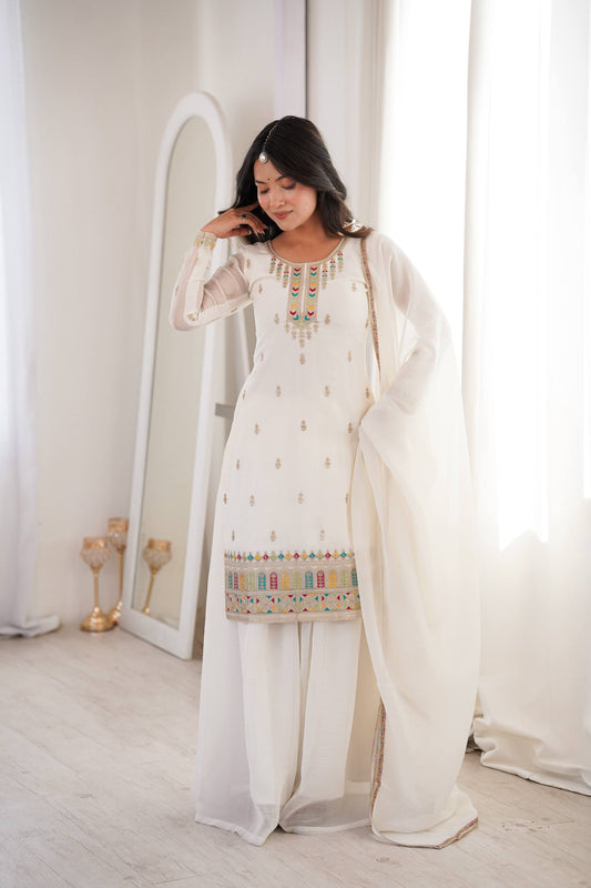 Women’s Pure Soft Crunchy Silk Embroidered Top Sharara Set with Dupatta | Festive & Wedding Wear Ethnic Suit