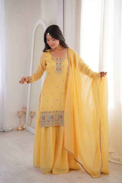 Women’s Pure Soft Crunchy Silk Embroidered Top Sharara Set with Dupatta | Festive & Wedding Wear Ethnic Suit