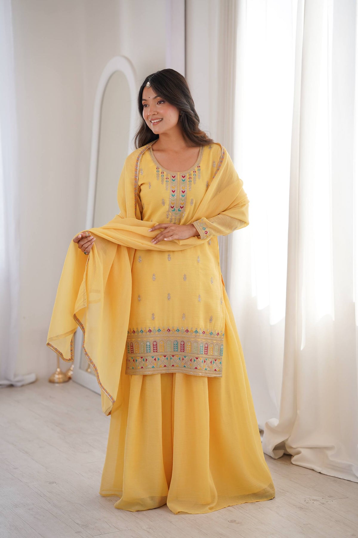 Women’s Pure Soft Crunchy Silk Embroidered Top Sharara Set with Dupatta | Festive & Wedding Wear Ethnic Suit