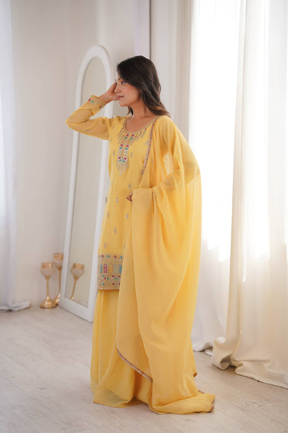 Women’s Pure Soft Crunchy Silk Embroidered Top Sharara Set with Dupatta | Festive & Wedding Wear Ethnic Suit
