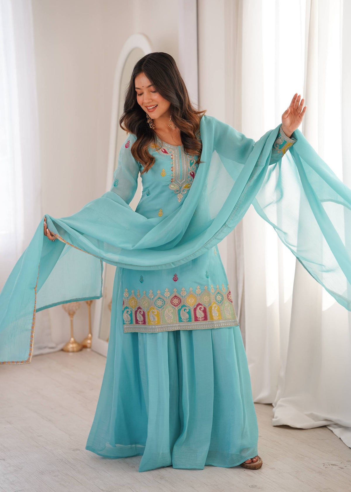 Women’s Pure Soft Crunchy Silk Embroidered Top Sharara Set with Dupatta | Festive & Wedding Wear Ethnic Suit