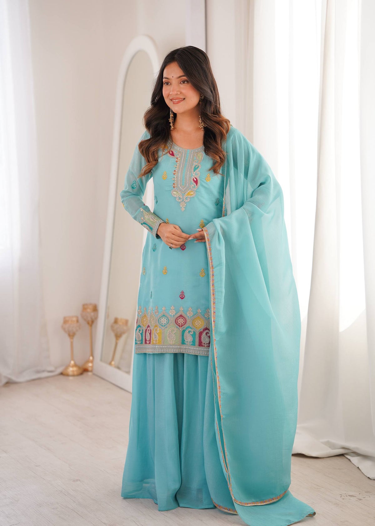 Women’s Pure Soft Crunchy Silk Embroidered Top Sharara Set with Dupatta | Festive & Wedding Wear Ethnic Suit