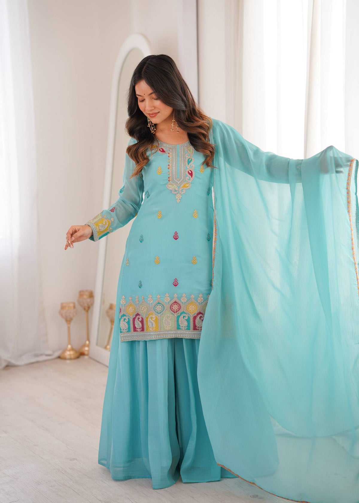 Women’s Pure Soft Crunchy Silk Embroidered Top Sharara Set with Dupatta | Festive & Wedding Wear Ethnic Suit