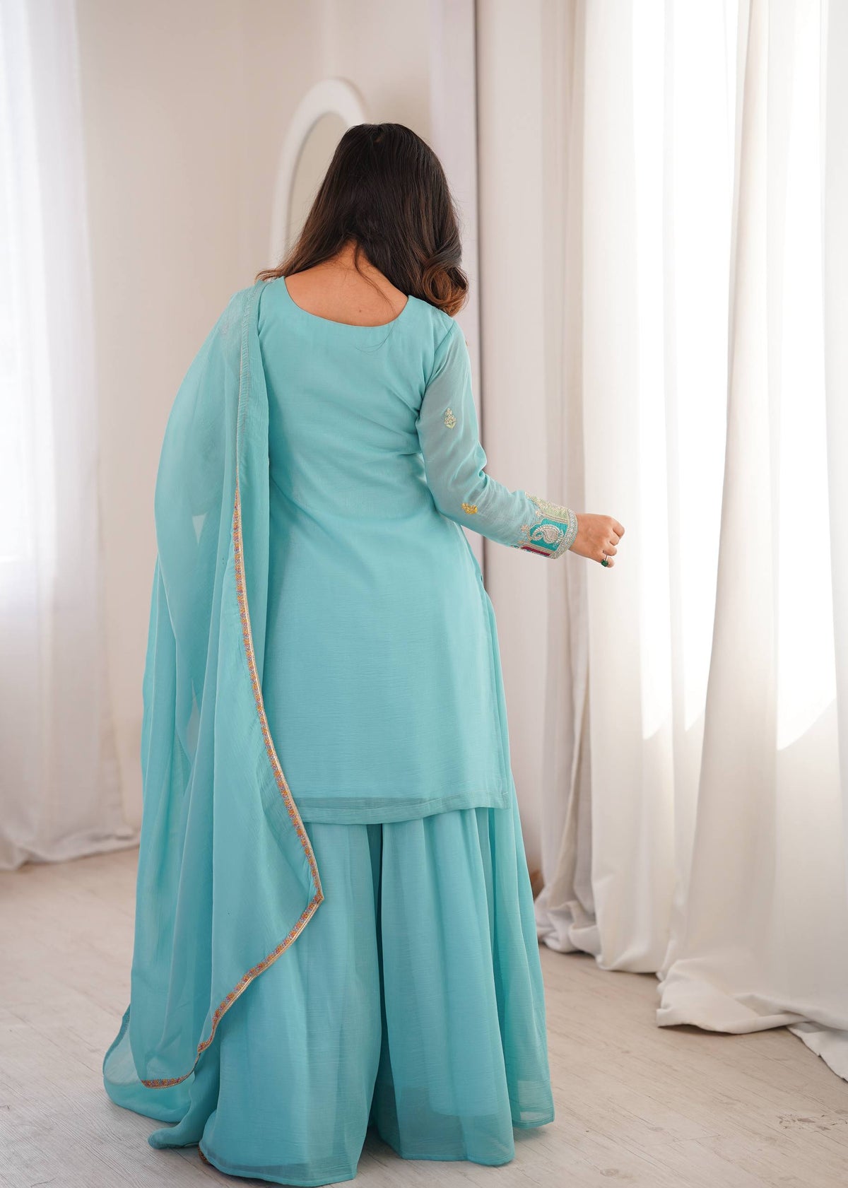 Women’s Pure Soft Crunchy Silk Embroidered Top Sharara Set with Dupatta | Festive & Wedding Wear Ethnic Suit
