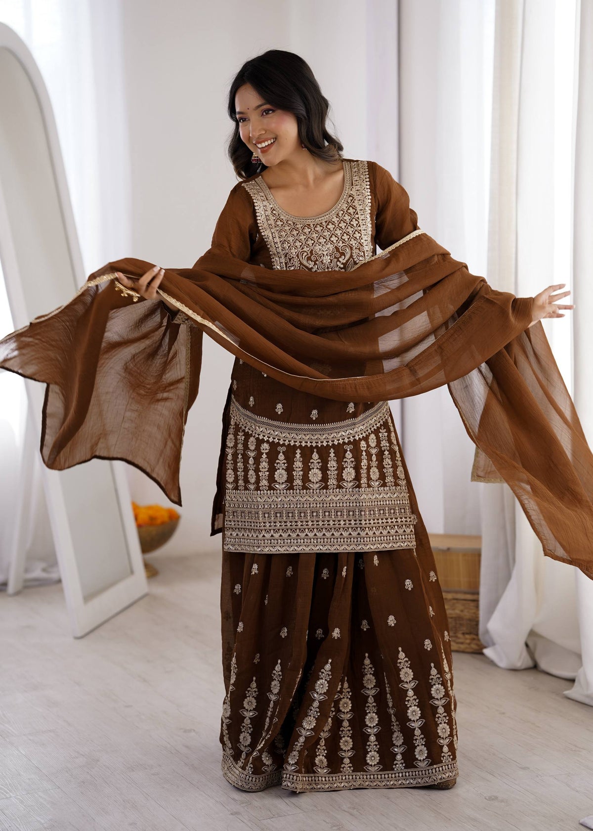 Heavy Embroidered Crunchy Silk Sharara Suit Set with Dupatta | Brown Festive Party Wear Ethnic Outfit